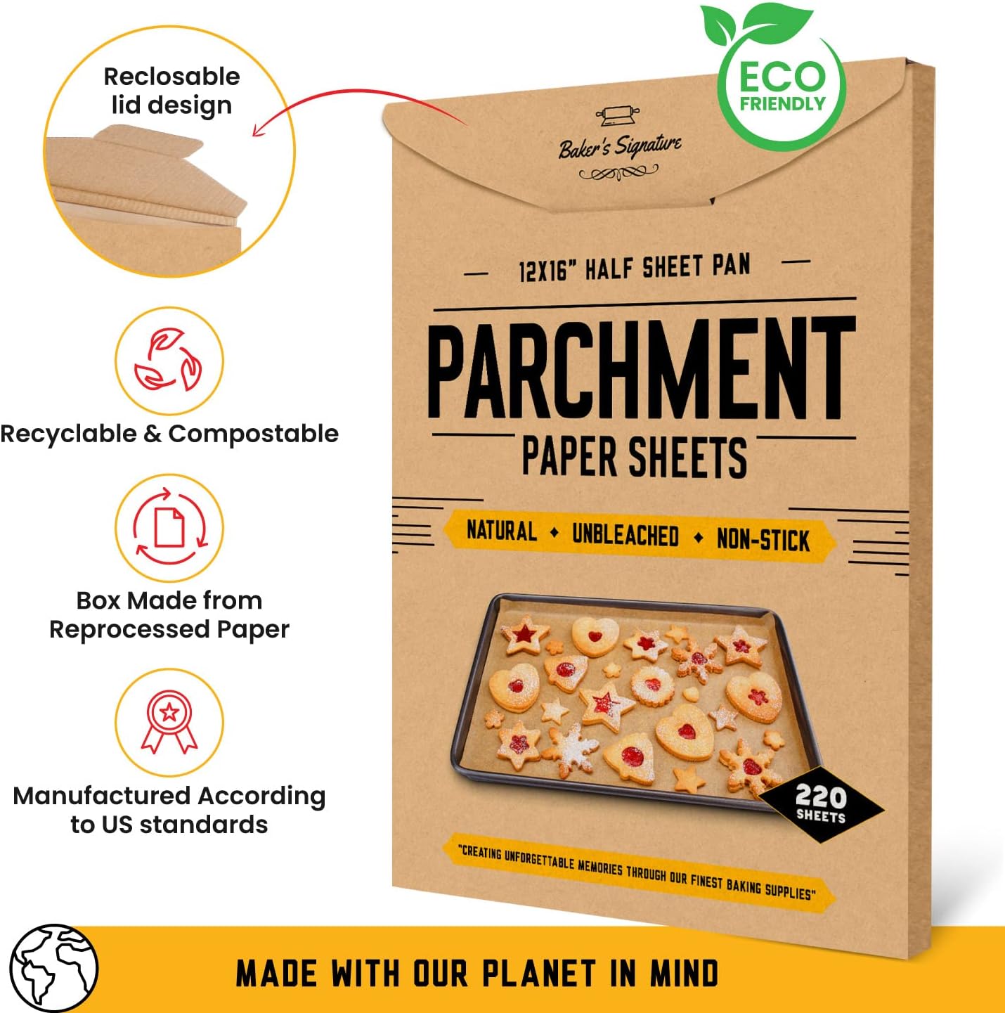 Parchment Paper Baking Sheets by Baker’s Signature | Precut Silicone Coated & Unbleached – Will Not Curl or Burn – Non-Toxic & Comes in Convenient Packaging – 12x16 Inch Pack of 220