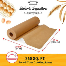 Load image into Gallery viewer, Unbleached Food Grade Parchment Paper Roll Baking Paper by Baker’s Signature | Silicone Coated &amp; Unbleached – Will not Soak Through or Burn – Non-Toxic &amp; Comes in Convenient Packaging
