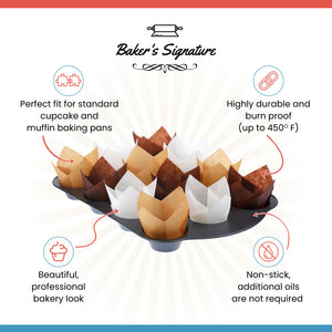 Baker’s Signature Tulip Baking Paper Cupcake & Muffin Liners Pack of 150 | Grease Resistant Wrappers – Will Not Curl or Burn – Comes in Convenient Packaging