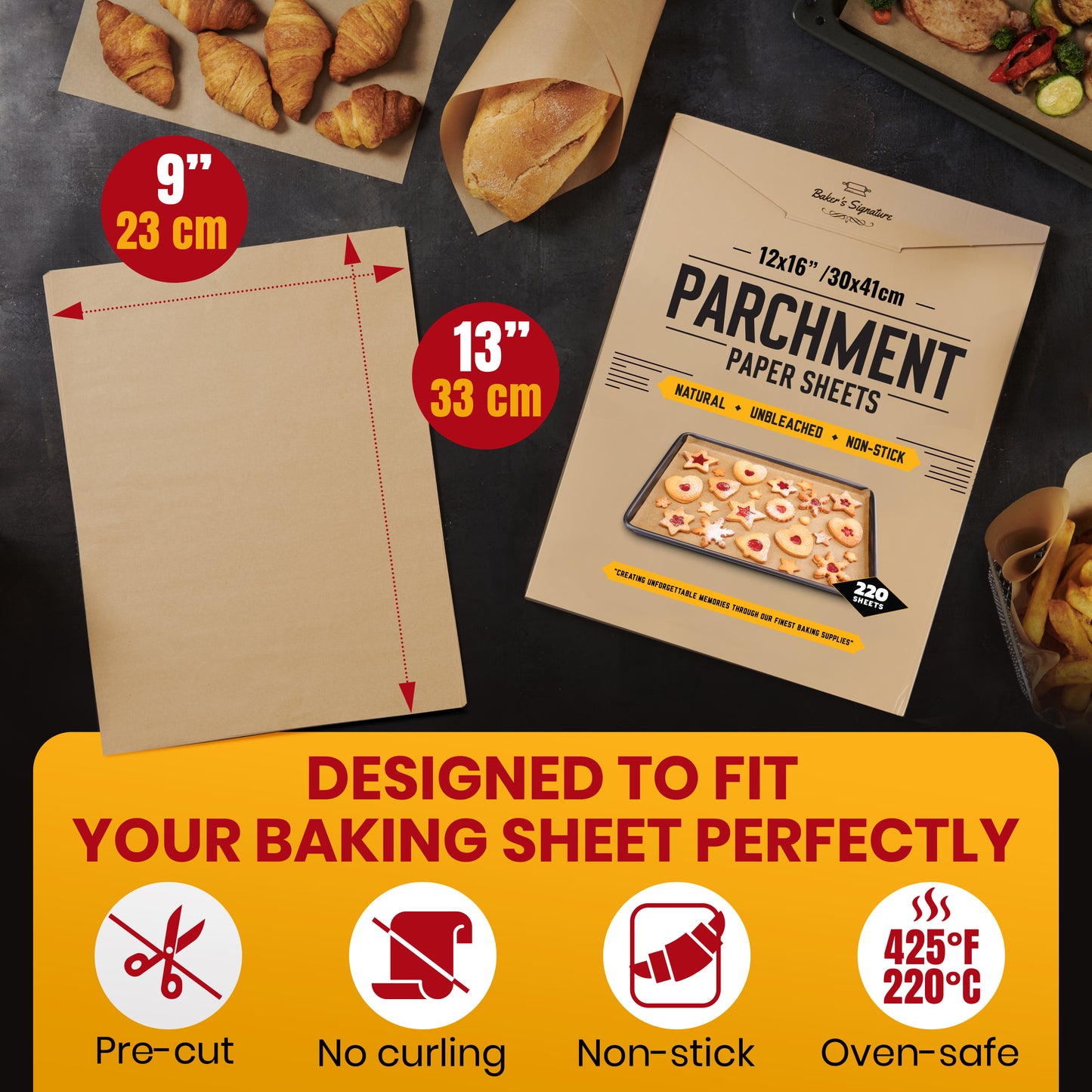 220 Pcs 9x13" Parchment Paper Sheets by Baker's Signature Baking Unbleached - Perfect for Baking, Precut Non-Stick Eco-Friendly, Will Not Curl or Burn