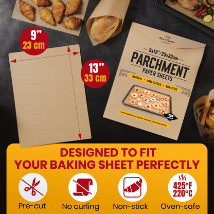 125 Pcs 9x13" Parchment Paper Sheets by Baker's Signature Baking Unbleached - Perfect for Baking, Precut Non-Stick Eco-Friendly, Will Not Curl or Burn