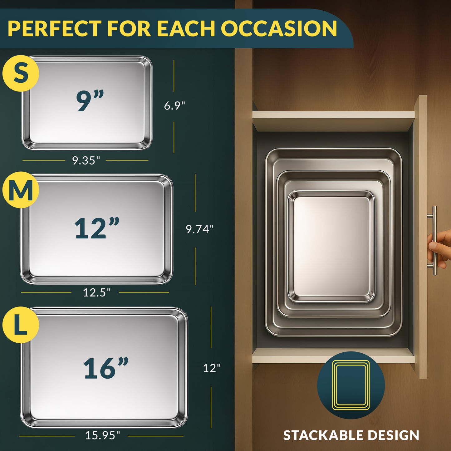 Stainless Steel Cookie Sheet Set of 3, 9/12/16" Baking Sheet Pans Baking Set of 3, Mirror Finish, Non-Stick, Rust Resistant, BPA Free, Dishwasher Safe, 9/12/16"