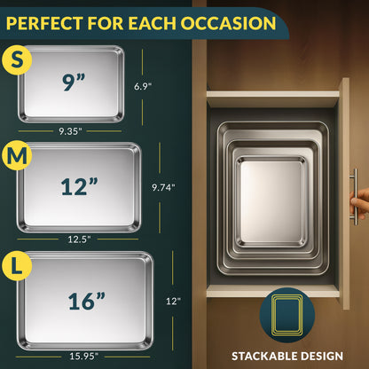 Stainless Steel Cookie Sheet Set of 3, 9/12/16" Baking Sheet Pans Baking Set of 3, Mirror Finish, Non-Stick, Rust Resistant, BPA Free, Dishwasher Safe, 9/12/16"