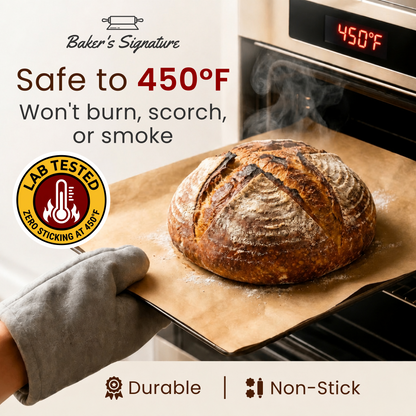 Baker's Signature Unbleached Parchment Paper Roll with Cutter, 15in x 210ft Non-stick, non-toxic brown baking paper. Oven-safe to 450°F. 260 sq ft for cooking, grilling, steaming, air fryer