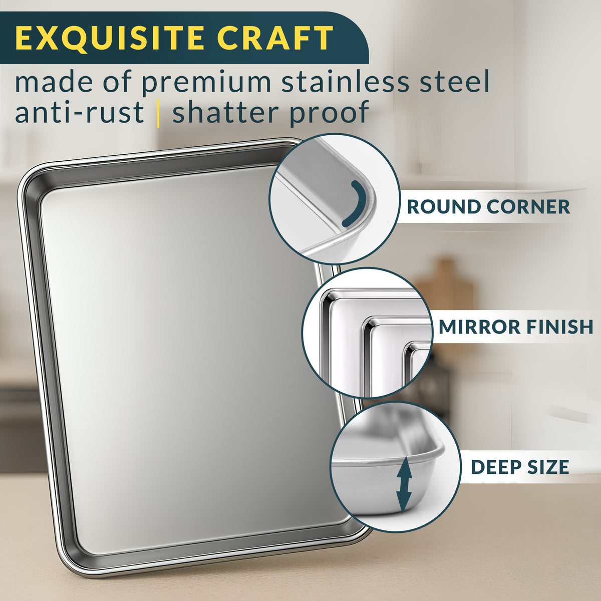 Stainless Steel Cookie Sheet Set of 3, 9/12/16" Baking Sheet Pans Baking Set of 3, Mirror Finish, Non-Stick, Rust Resistant, BPA Free, Dishwasher Safe, 9/12/16"