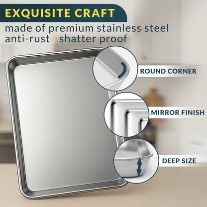 Stainless Steel Cookie Sheet Set of 3, 9/12/16" Baking Sheet Pans Baking Set of 3, Mirror Finish, Non-Stick, Rust Resistant, BPA Free, Dishwasher Safe, 9/12/16"
