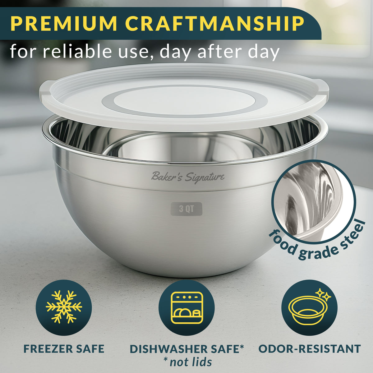Stainless Steel Mixing Bowls with Lids Set of 3, Nesting Metal, 1.5/3/5 Qt Mirror-finish interior, dishwasher safe & BPA-free; stack for food prep, baking, storage & serving