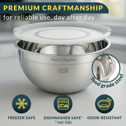 Stainless Steel Mixing Bowls with Lids Set of 3, Nesting Metal, 1.5/3/5 Qt Mirror-finish interior, dishwasher safe & BPA-free; stack for food prep, baking, storage & serving