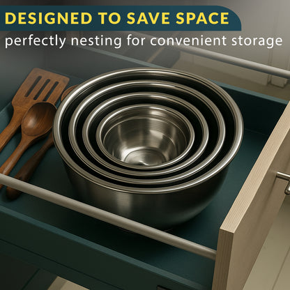 Stainless Steel Mixing Bowls with Lids Set of 5, Nesting Metal, 0.5-5 Qt Mirror-finish interior, dishwasher safe & BPA-free; stack for food prep, cooking, storage & serving