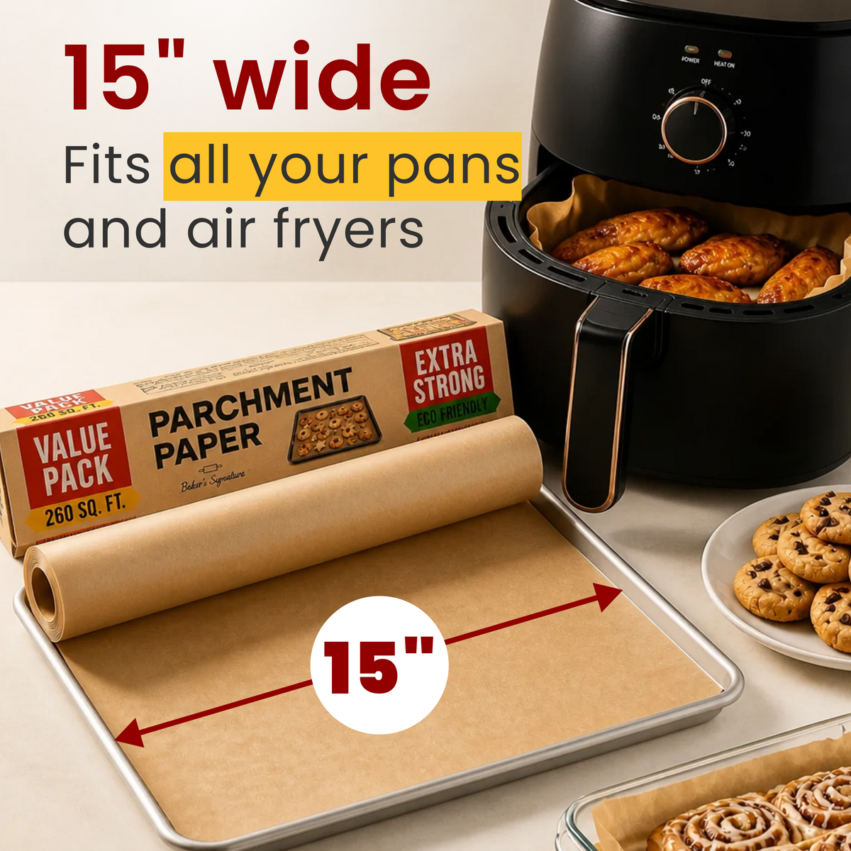 Baker's Signature Unbleached Parchment Paper Roll with Cutter, 15in x 210ft Non-stick, non-toxic brown baking paper. Oven-safe to 450°F. 260 sq ft for cooking, grilling, steaming, air fryer