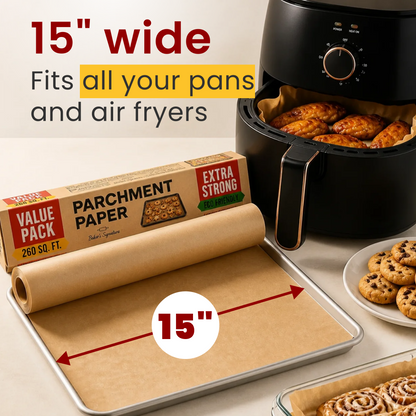 Baker's Signature Unbleached Parchment Paper Roll with Cutter, 15in x 210ft Non-stick, non-toxic brown baking paper. Oven-safe to 450°F. 260 sq ft for cooking, grilling, steaming, air fryer