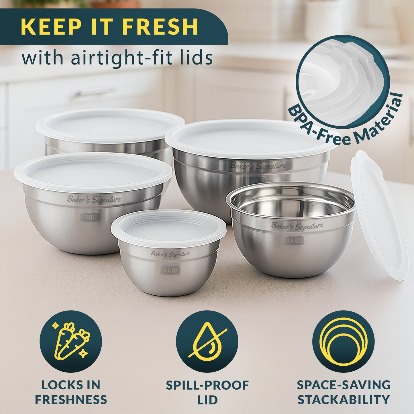 Stainless Steel Mixing Bowls with Lids Set of 5, Nesting Metal, 0.5-5 Qt Mirror-finish interior, dishwasher safe & BPA-free; stack for food prep, cooking, storage & serving