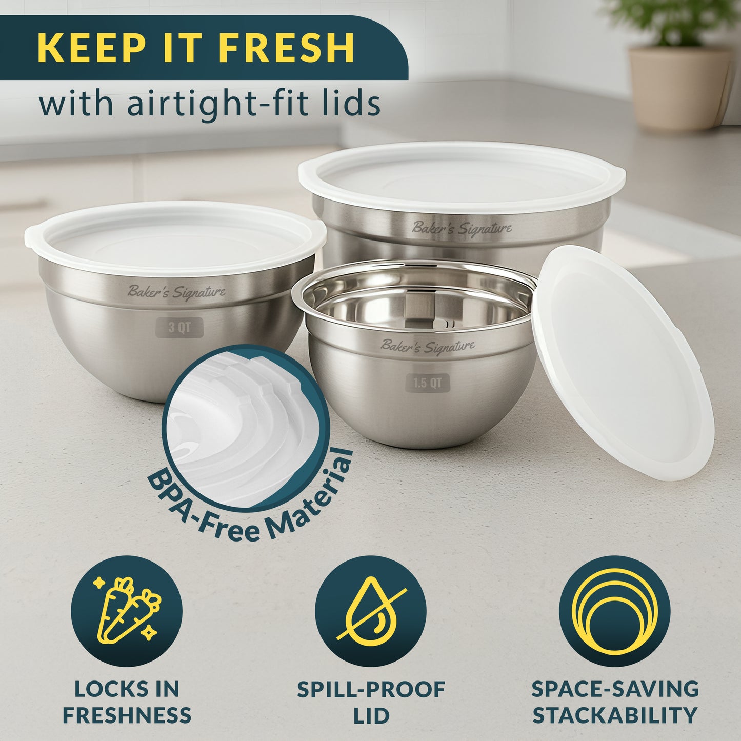 Stainless Steel Mixing Bowls with Lids Set of 3, Nesting Metal, 1.5/3/5 Qt Mirror-finish interior, dishwasher safe & BPA-free; stack for food prep, baking, storage & serving
