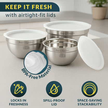 Stainless Steel Mixing Bowls with Lids Set of 3, Nesting Metal, 1.5/3/5 Qt Mirror-finish interior, dishwasher safe & BPA-free; stack for food prep, baking, storage & serving