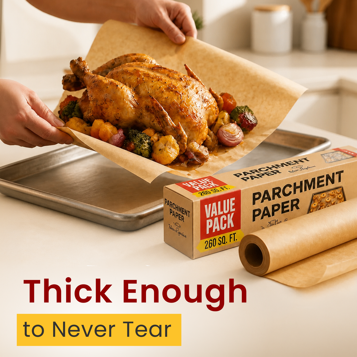 Baker's Signature Unbleached Parchment Paper Roll with Cutter, 15in x 210ft Non-stick, non-toxic brown baking paper. Oven-safe to 450°F. 260 sq ft for cooking, grilling, steaming, air fryer