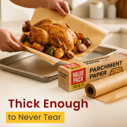 Baker's Signature Unbleached Parchment Paper Roll with Cutter, 15in x 210ft Non-stick, non-toxic brown baking paper. Oven-safe to 450°F. 260 sq ft for cooking, grilling, steaming, air fryer