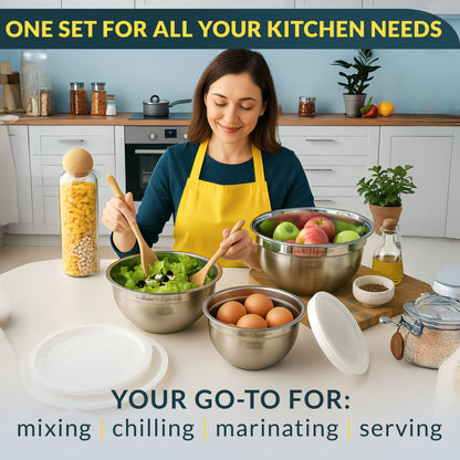 Stainless Steel Mixing Bowls with Lids Set of 3, Nesting Metal, 1.5/3/5 Qt Mirror-finish interior, dishwasher safe & BPA-free; stack for food prep, baking, storage & serving