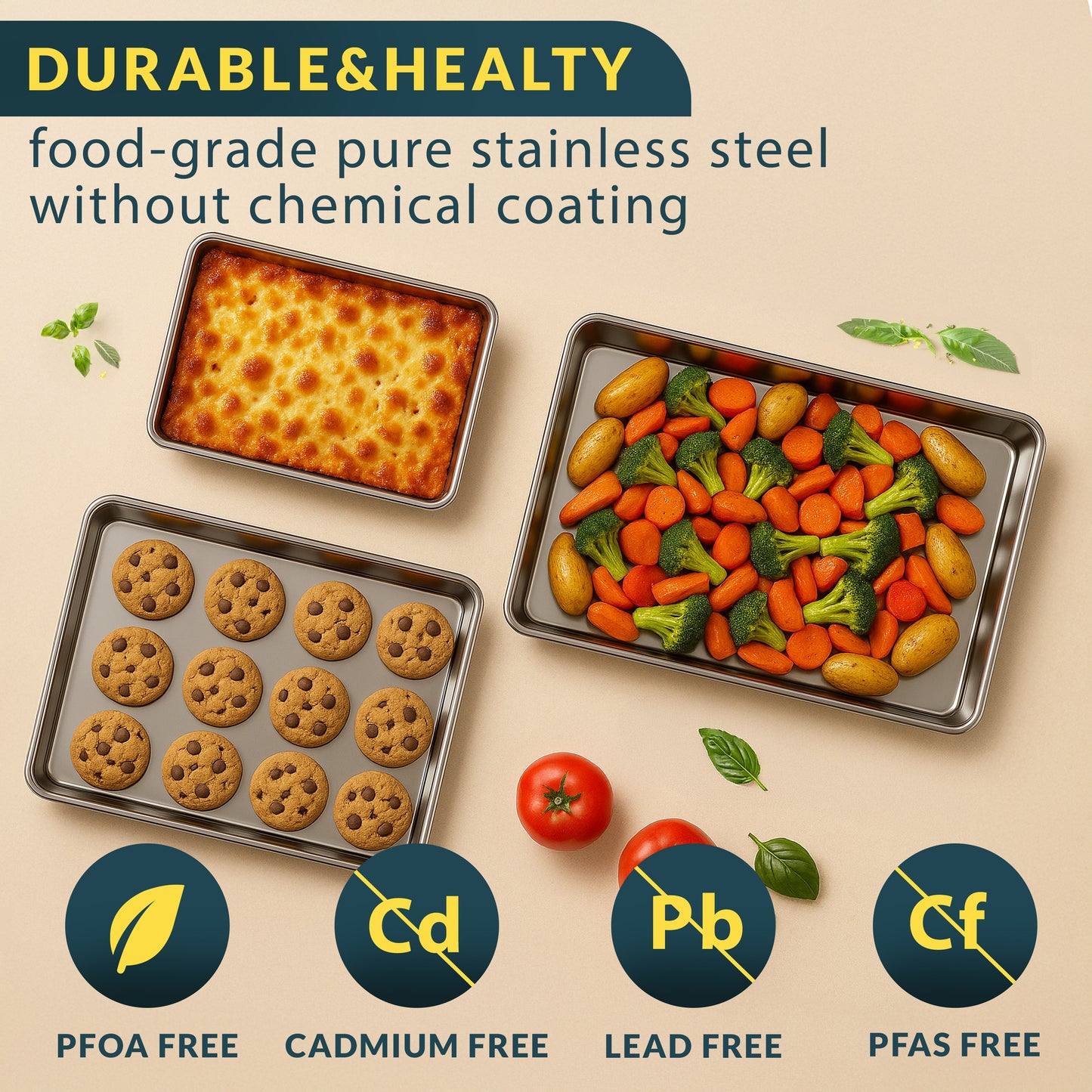 Stainless Steel Cookie Sheet Set of 3, 9/12/16" Baking Sheet Pans Baking Set of 3, Mirror Finish, Non-Stick, Rust Resistant, BPA Free, Dishwasher Safe, 9/12/16"