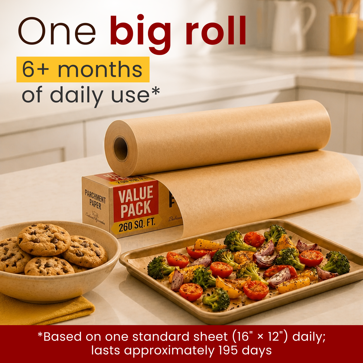 Baker's Signature Unbleached Parchment Paper Roll with Cutter, 15in x 210ft Non-stick, non-toxic brown baking paper. Oven-safe to 450°F. 260 sq ft for cooking, grilling, steaming, air fryer