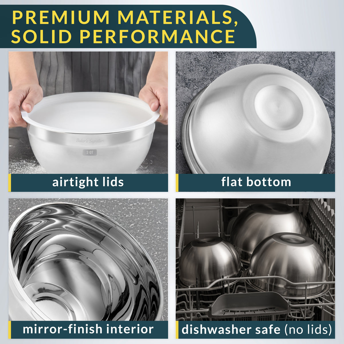 Stainless Steel Mixing Bowls with Lids Set of 5, Nesting Metal, 0.5-5 Qt Mirror-finish interior, dishwasher safe & BPA-free; stack for food prep, cooking, storage & serving