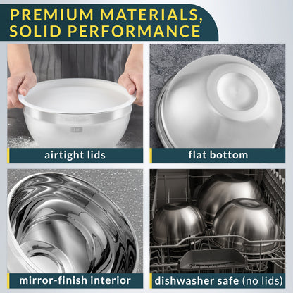 Stainless Steel Mixing Bowls with Lids Set of 5, Nesting Metal, 0.5-5 Qt Mirror-finish interior, dishwasher safe & BPA-free; stack for food prep, cooking, storage & serving