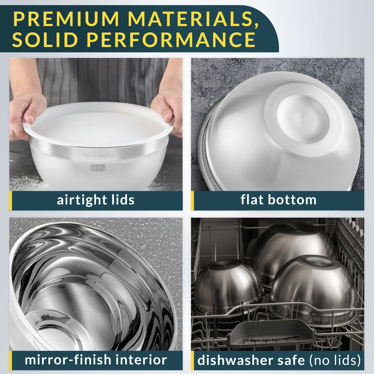 Stainless Steel Mixing Bowls with Lids Set of 3, Nesting Metal, 1.5/3/5 Qt Mirror-finish interior, dishwasher safe & BPA-free; stack for food prep, baking, storage & serving