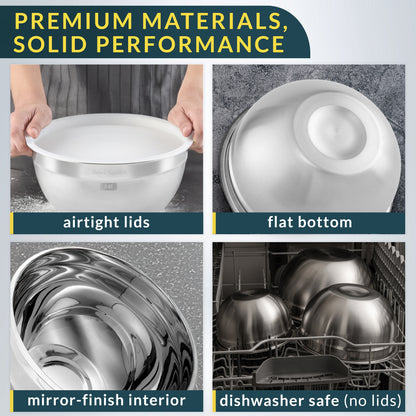 Stainless Steel Mixing Bowls with Lids Set of 3, Nesting Metal, 1.5/3/5 Qt Mirror-finish interior, dishwasher safe & BPA-free; stack for food prep, baking, storage & serving