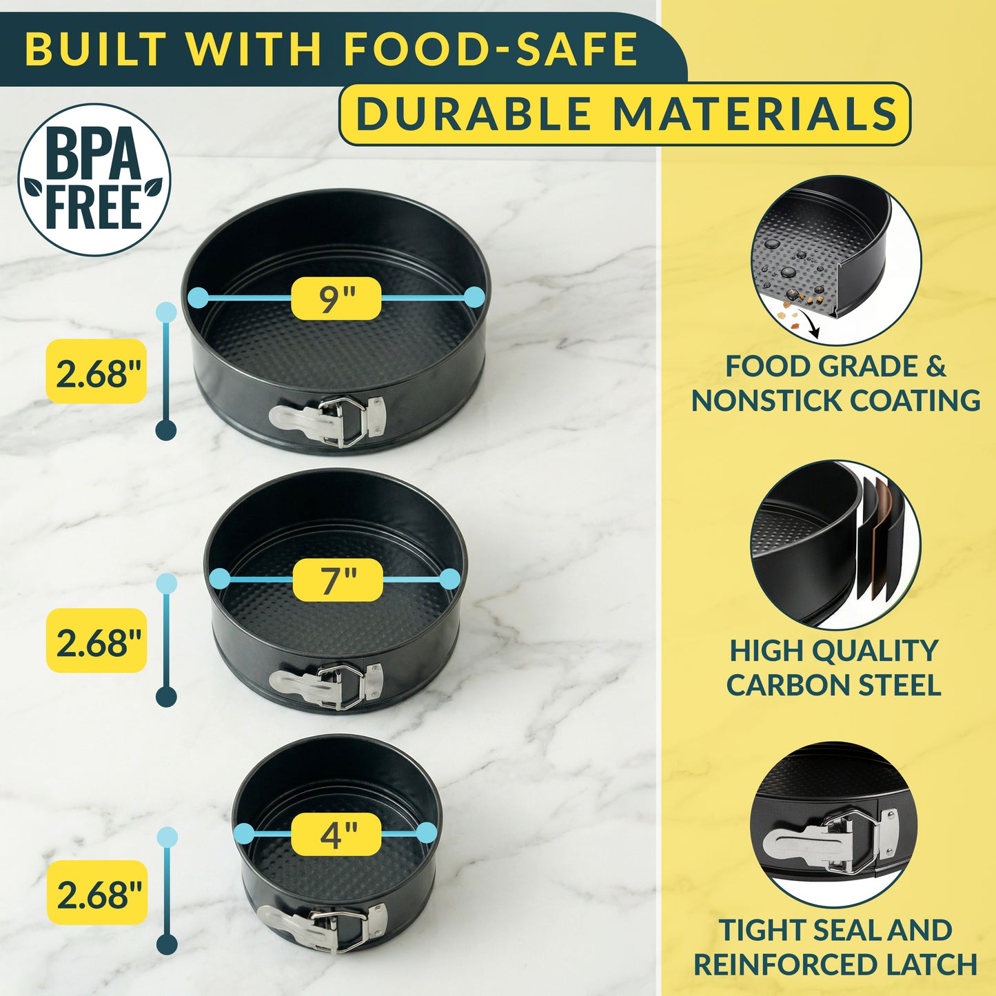 Springform Pan Set of 3, Nonstick Cheesecake Pans 4/7/9" Carbon Steel Leakproof cake molds with removable bottom & secure latch; even-heat, oven-safe to 450°F