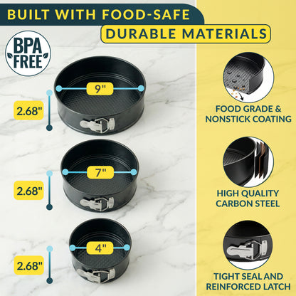 Springform Pan Set of 3, Nonstick Cheesecake Pans 4/7/9" Carbon Steel Leakproof cake molds with removable bottom & secure latch; even-heat, oven-safe to 450°F