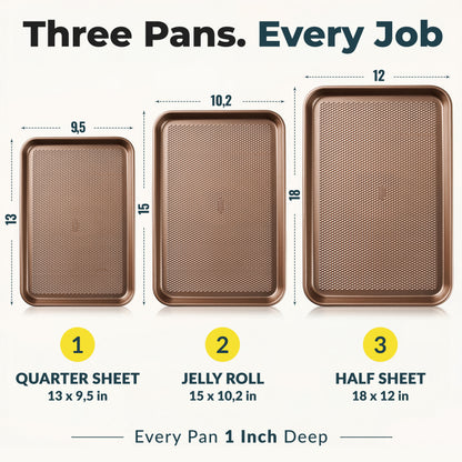 Baking Pans Set of 3, Diamond Texture Cookie Sheets, Gold Baking Sheet 3 Sizes: 17.5/15.5/13.5", 0.8mm Carbon Steel, Two-Layer Non-Stick Coating, Oven Safe to 450°F, PFAS/PFOA/BPA Free