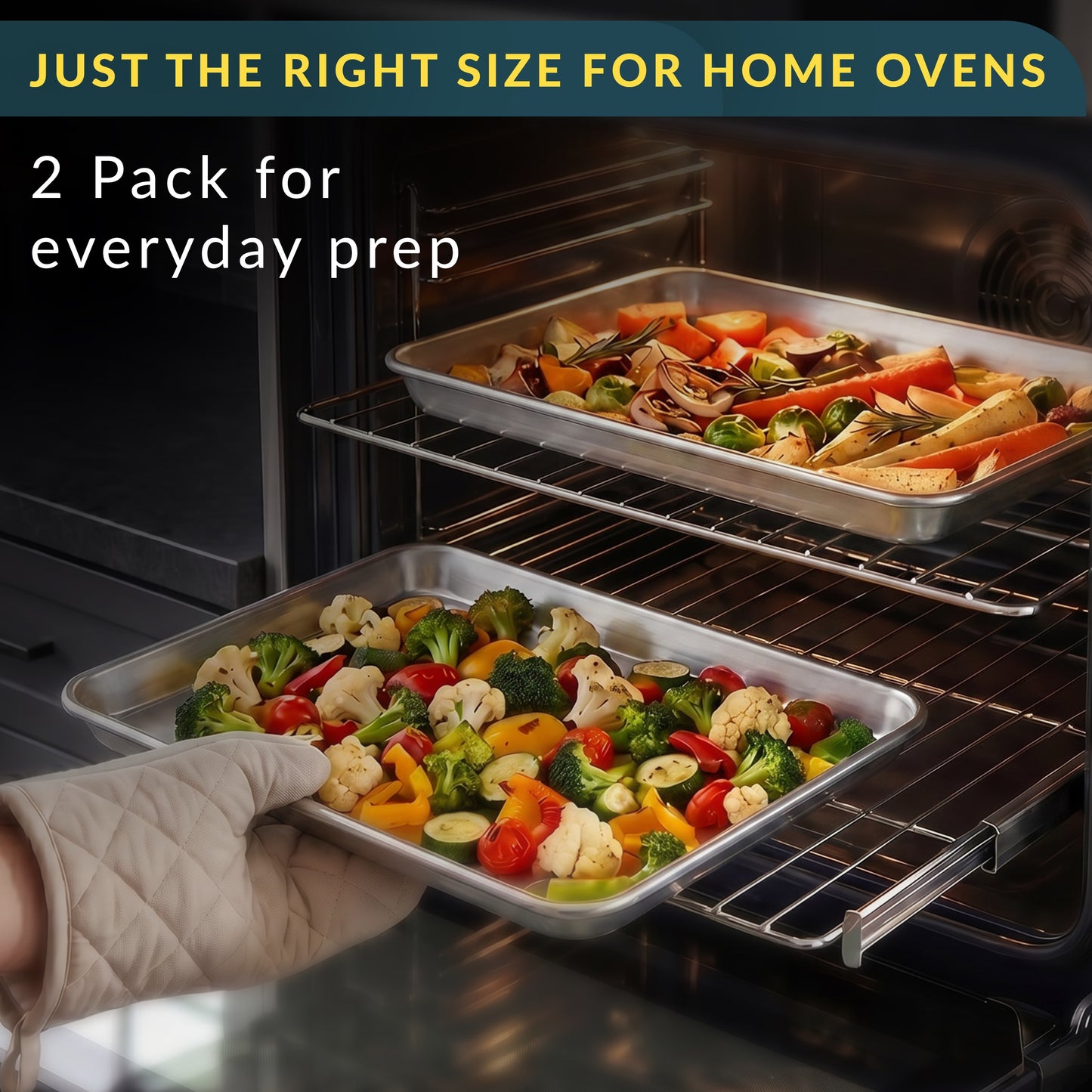 Aluminum Cookie Sheets for Baking Set of 2, 13x9" Quarter Sheet Pans Anti-warp with reinforced steel rim; even-heat, rust-resistant & easy to clean; food-grade, oven-safe