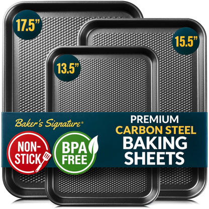 Baking Pans Set of 3, Diamond Texture Cookie Sheets, Dark Gray Baking Sheet 3 Sizes: 17.5/15.5/13.5", 0.8mm Carbon Steel, Two-Layer Non-Stick Coating, Oven Safe to 450°F, PFAS/PFOA/BPA Free