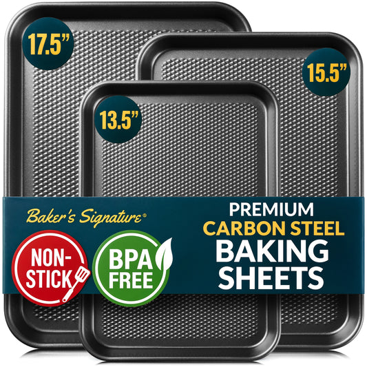 Baking Pans Set of 3, Diamond Texture Cookie Sheets, Dark Gray Baking Sheet 3 Sizes: 17.5/15.5/13.5", 0.8mm Carbon Steel, Two-Layer Non-Stick Coating, Oven Safe to 450°F, PFAS/PFOA/BPA Free