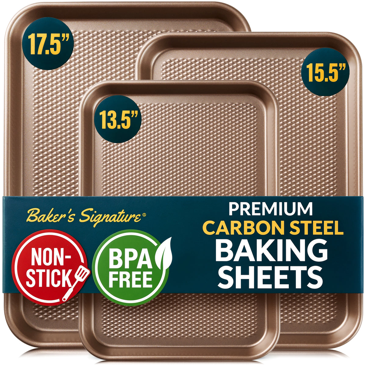 Baking Pans Set of 3, Diamond Texture Cookie Sheets, Gold Baking Sheet 3 Sizes: 17.5/15.5/13.5", 0.8mm Carbon Steel, Two-Layer Non-Stick Coating, Oven Safe to 450°F, PFAS/PFOA/BPA Free