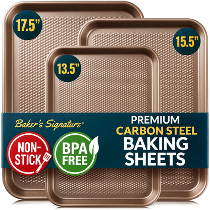 Baking Pans Set of 3, Diamond Texture Cookie Sheets, Gold Baking Sheet 3 Sizes: 17.5/15.5/13.5", 0.8mm Carbon Steel, Two-Layer Non-Stick Coating, Oven Safe to 450°F, PFAS/PFOA/BPA Free
