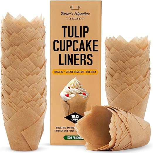 Tulip Cupcake Liners, Muffin Liners for Baking by Baker’s Signature – 150pcs of Parchment Paper Cups Cupcake Wrappers – Perfect Size, Sturdy, Greaseproof & Easy to Use – Natural Brown