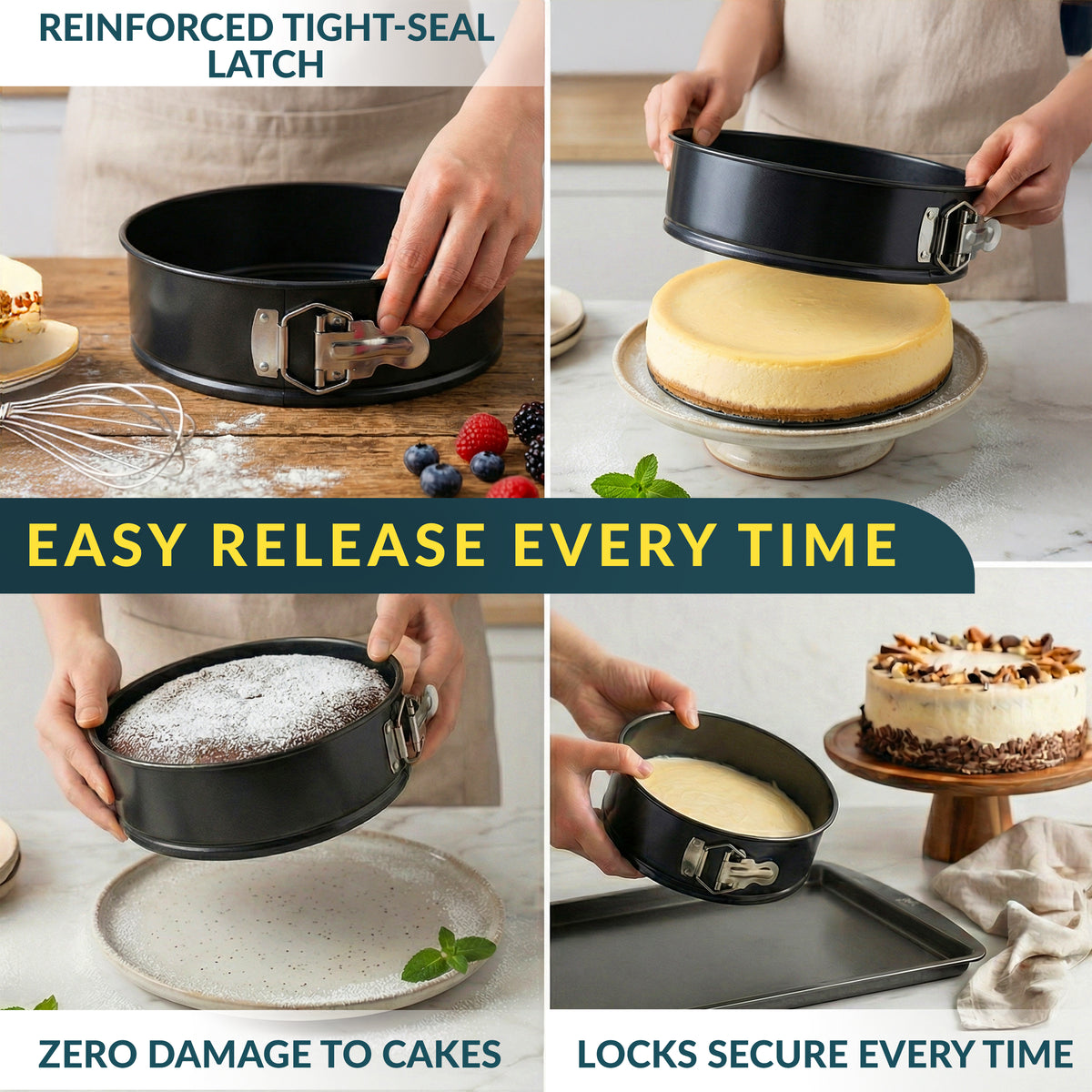 Springform Pan Set of 4, Nonstick Cheesecake Pans 4/7/9/10" Carbon Steel Leakproof cake molds with removable bottom & secure latch; even-heat design for layered desserts