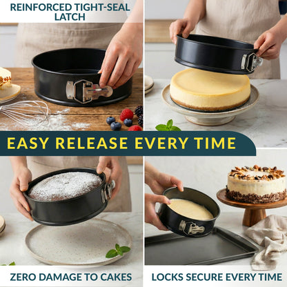 Springform Pan Set of 4, Nonstick Cheesecake Pans 4/7/9/10" Carbon Steel Leakproof cake molds with removable bottom & secure latch; even-heat design for layered desserts