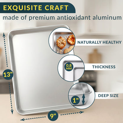 Aluminum Cookie Sheets for Baking Set of 2, 13x9" Quarter Sheet Pans Anti-warp with reinforced steel rim; even-heat, rust-resistant & easy to clean; food-grade, oven-safe