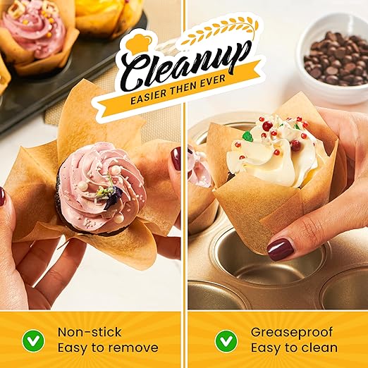 Tulip Cupcake Liners, Muffin Liners for Baking by Baker’s Signature – 150pcs of Parchment Paper Cups Cupcake Wrappers – Perfect Size, Sturdy, Greaseproof & Easy to Use – Natural Brown