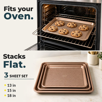 Baking Pans Set of 3, Diamond Texture Cookie Sheets, Gold Baking Sheet 3 Sizes: 17.5/15.5/13.5", 0.8mm Carbon Steel, Two-Layer Non-Stick Coating, Oven Safe to 450°F, PFAS/PFOA/BPA Free
