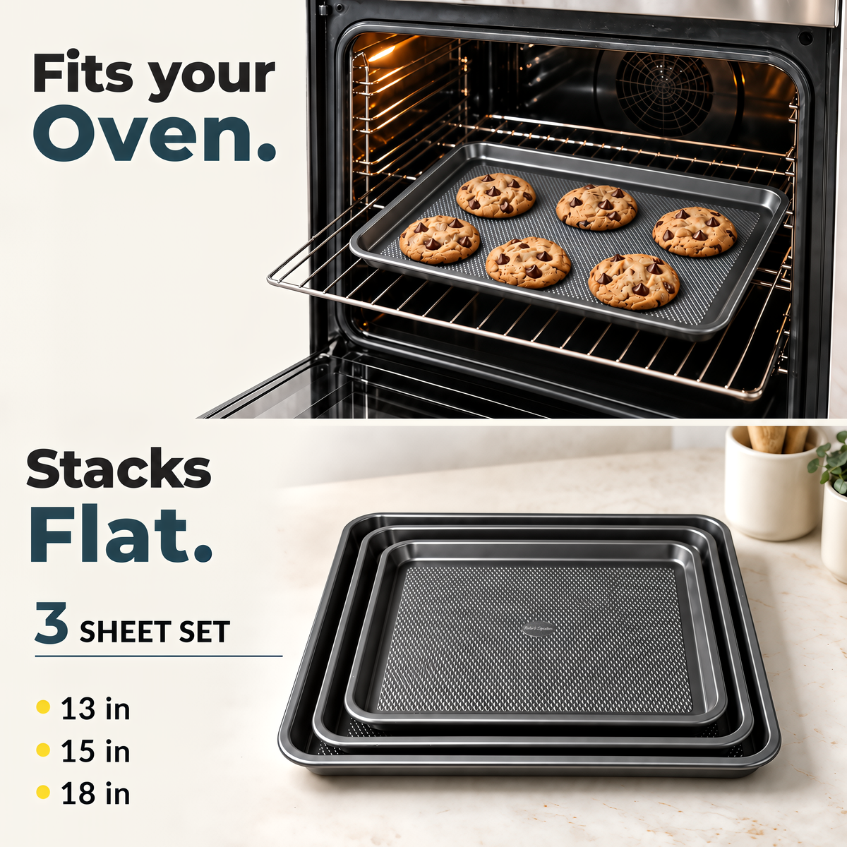 Baking Pans Set of 3, Diamond Texture Cookie Sheets, Dark Gray Baking Sheet 3 Sizes: 17.5/15.5/13.5", 0.8mm Carbon Steel, Two-Layer Non-Stick Coating, Oven Safe to 450°F, PFAS/PFOA/BPA Free