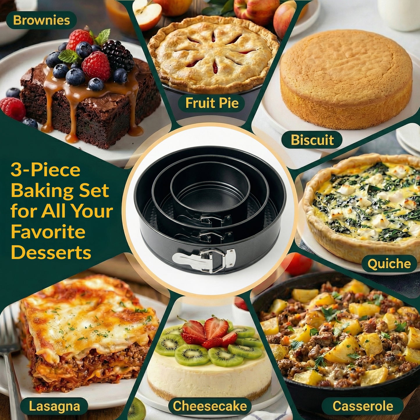 Springform Pan Set of 3, Nonstick Cheesecake Pans 4/7/9" Carbon Steel Leakproof cake molds with removable bottom & secure latch; even-heat, oven-safe to 450°F