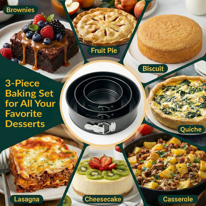 Springform Pan Set of 3, Nonstick Cheesecake Pans 4/7/9" Carbon Steel Leakproof cake molds with removable bottom & secure latch; even-heat, oven-safe to 450°F