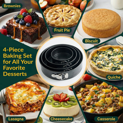 Springform Pan Set of 4, Nonstick Cheesecake Pans 4/7/9/10" Carbon Steel Leakproof cake molds with removable bottom & secure latch; even-heat design for layered desserts