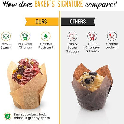 Tulip Cupcake Liners, Muffin Liners for Baking by Baker’s Signature – 150pcs of Parchment Paper Cups Cupcake Wrappers – Perfect Size, Sturdy, Greaseproof & Easy to Use – Natural Brown