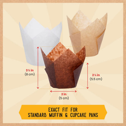 Tulip Cupcake Liners, Muffin Liners for Baking by Baker’s Signature – 150pcs of Parchment Paper Cups Cupcake Wrappers – Perfect Size, Sturdy, Greaseproof & Easy to Use – Beige White Brown