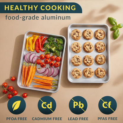 Aluminum Cookie Sheets for Baking Set of 2, 13x9" Quarter Sheet Pans Anti-warp with reinforced steel rim; even-heat, rust-resistant & easy to clean; food-grade, oven-safe