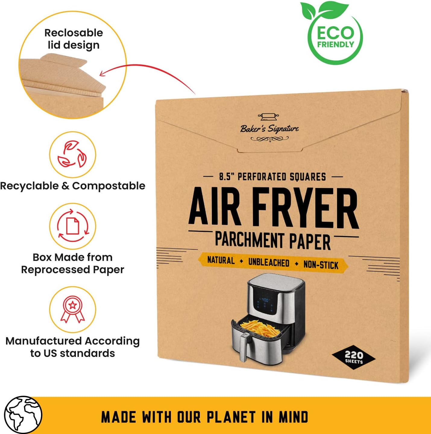 Bamboo Steamer Liner, 8.5" Air Fryer Parchment Paper Liners Sheets – 220pcs Unbleached Bamboo Steamer Basket Liners – Easy Cleanup, Will Not Burn or Curl, Non-Toxic & Volume Pack by Baker’s Signature