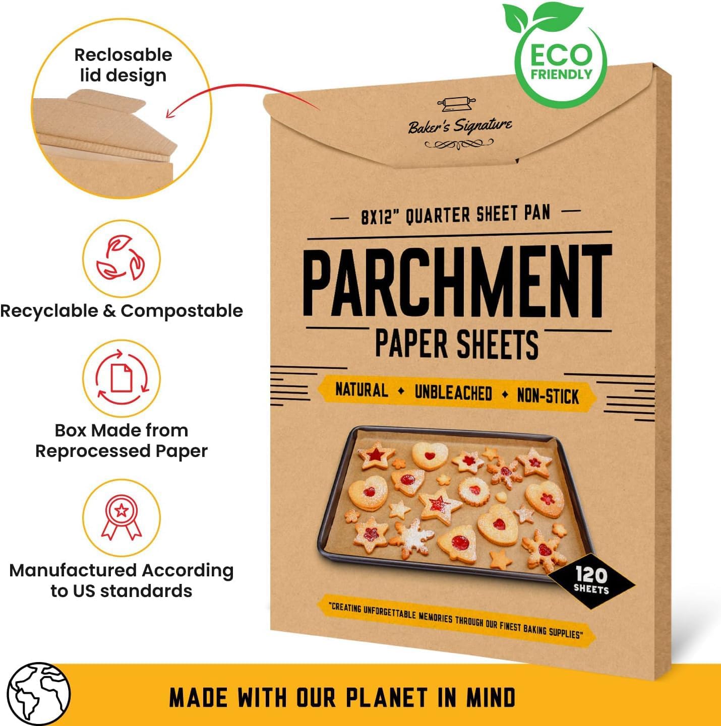 Quarter Sheet Pans 8x12 Inch Pack of 120 Parchment Paper Baking Sheets by Baker’s Signature | Precut Silicone Coated & Unbleached – Will Not Curl or Burn – Non-Toxic & Comes in Convenient Packaging
